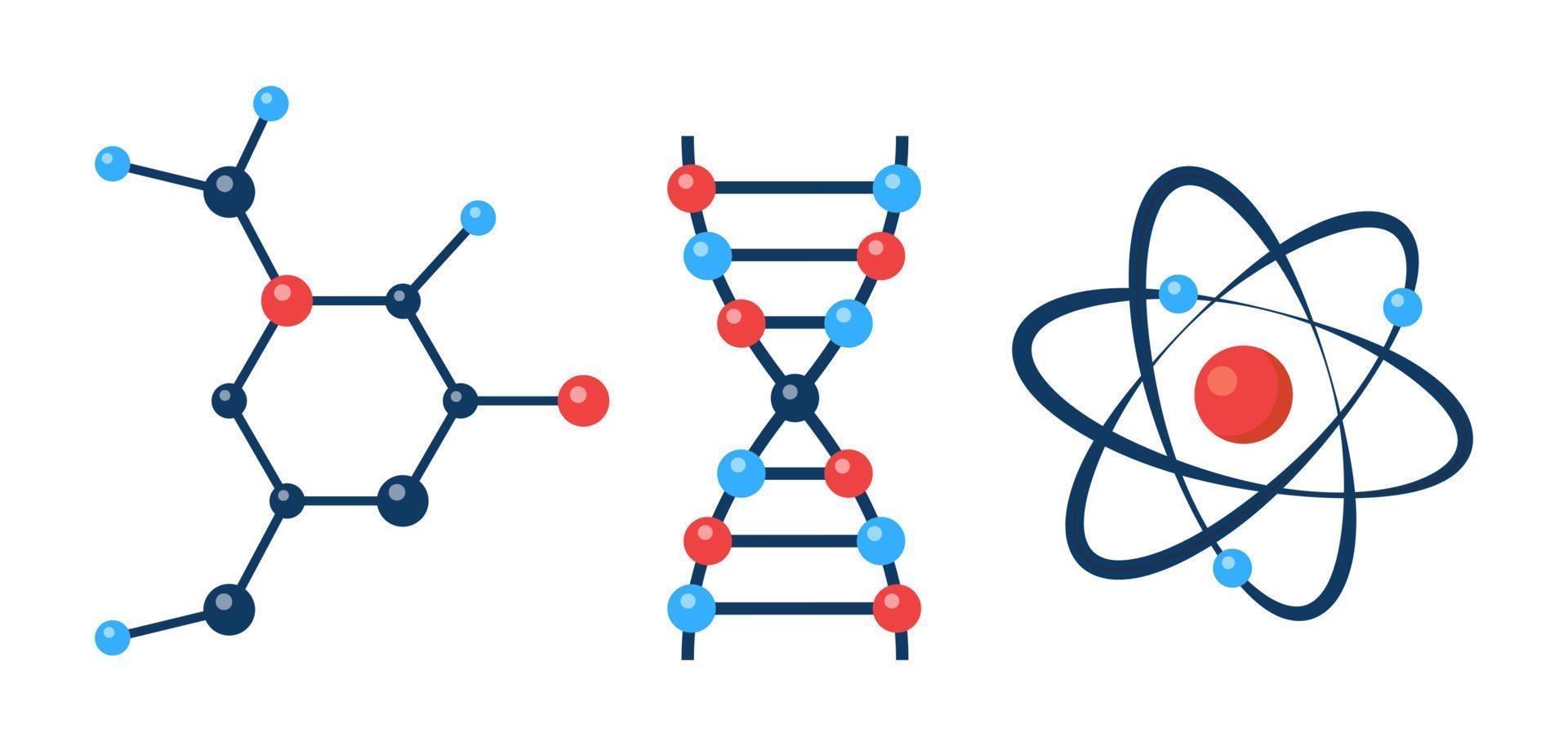 Atom, molecule of organic substance, fragment of DNA chain. Set of scientific icons. Chemical Research. Scientific experiment concept. Vector illustration.