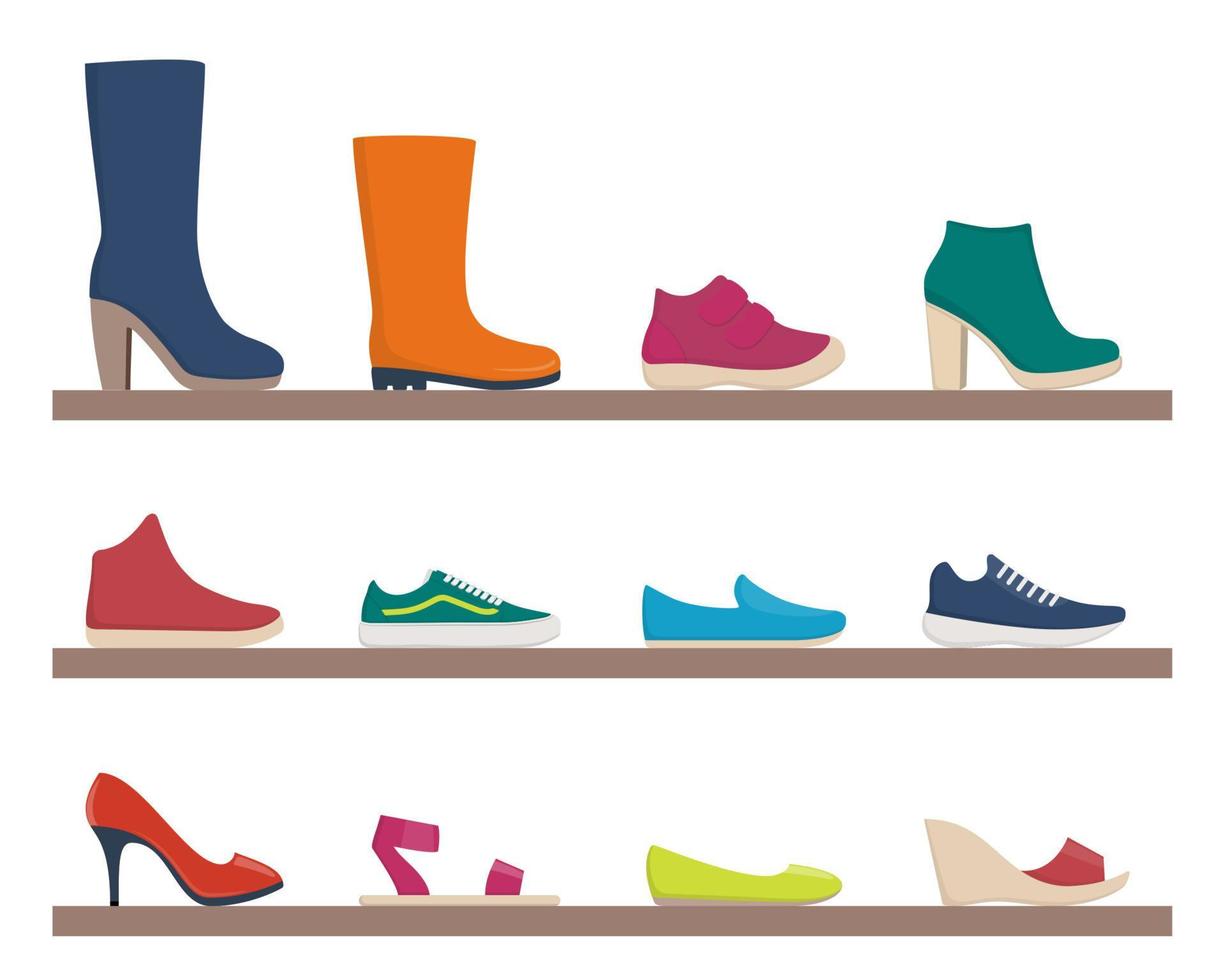 Various footwear, set of icons. Colorful shoes and boots for women and men. Vector illustration. Collection for shop and fashion.