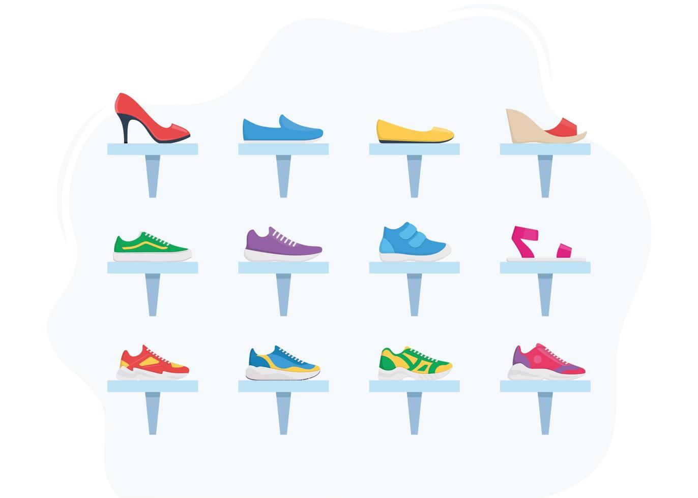 Interior of a shoe store. Shoes on shelves, mirror and seat for fitting shoes. Trendy fashioned shoes, side view. Sport sneakers and boots for women and men. Vector illustration.