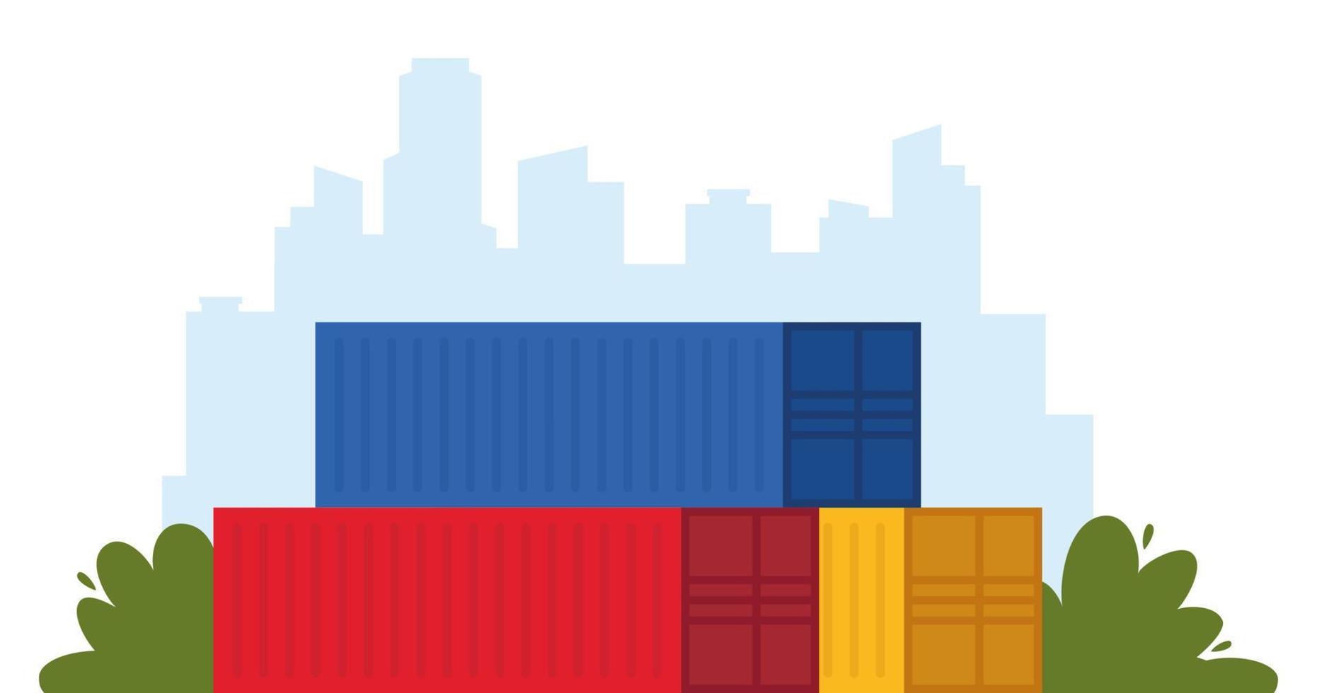 Stack of colorful cargo containers on urban background. Freight Shipping concept. Vector illustration.