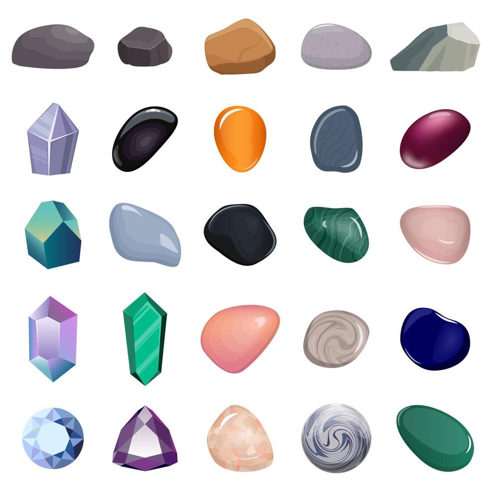 conjunto de diferentes piedras y cristales. varios tipos de minerales, cristales, gemas, diamantes, aislados. ilustración vectorial vector