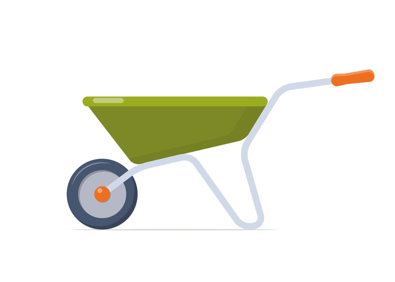 Green wheelbarrow for gardening and construction. Vector illustration in flat style.