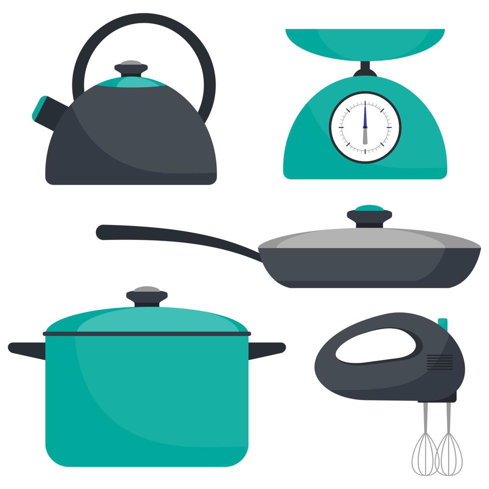 Kitchen utensils, set. Frying pan, saucepan, kettle, mixer, scales. Vector flat illustration.