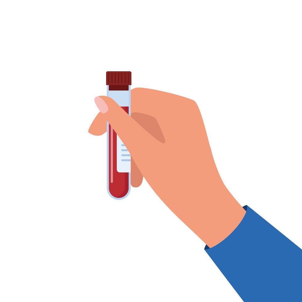 Hand holding test tube with blood. Laboratory research. Equipment for analysis. Vector illustration in flat style.
