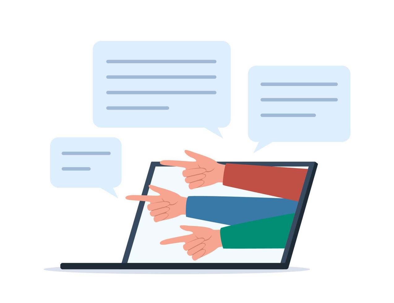Cyber bullying. Hands with index fingers pointing from laptop's screen. Opinion and the pressure of society. Shame. Vector illustration.
