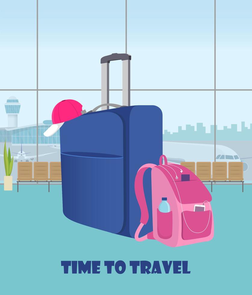 Airport waiting hall with suitcase and backpack in the foreground. Terminal interior, panoramic window, planes and control tower outside. Time to travel. Travel concept, vector illustration, flat.