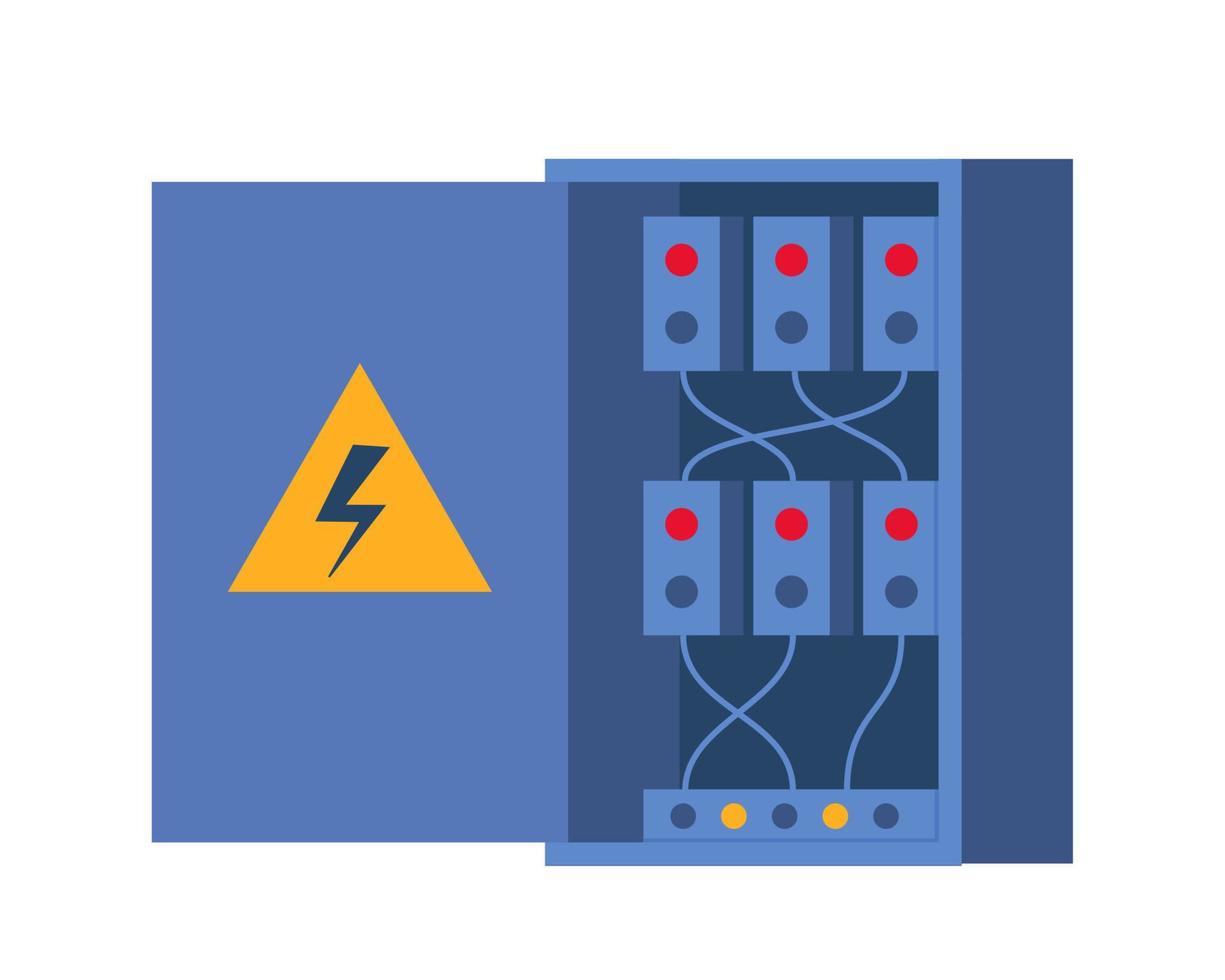 Electrical panel with switches, fuse, contactor, wire, automatic circuit breaker. Stainless steel switchboard box. Power distribution device. Vector illustration.