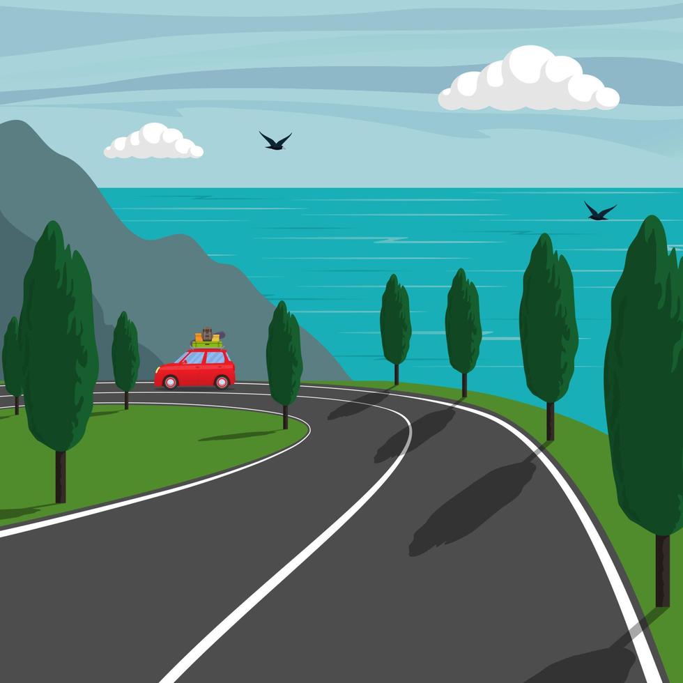 Trip along the mountainous shore of the sea. Cute small car rides on mountain road and the sea on background. Vector illustration.