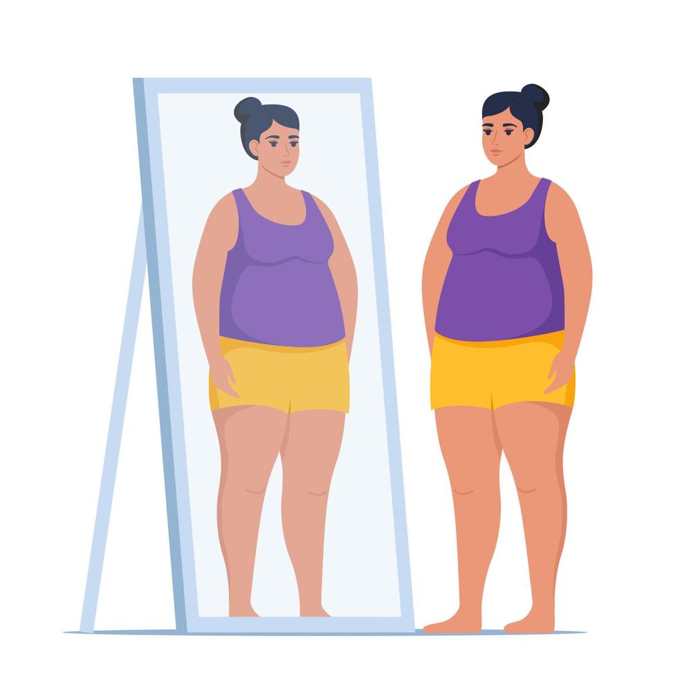 Plus size girl looks at herself in a mirror. Overweight woman. Fat young girl. Vector illustration.