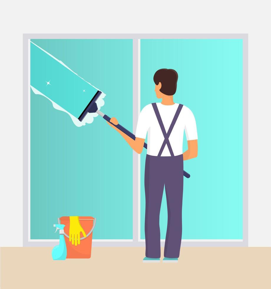 Man in uniform cleaning window with glass scraper and washing spray. Window washer with squeegee. Housekeeping service, office cleaning service, spring cleaning duty. Vector illustration.
