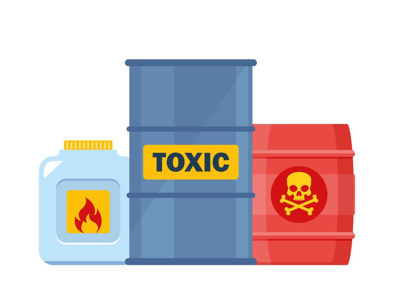 Set of containers with toxic and chemical substances. Dangerous Toxic, Biohazard, Radioactive, Flammable substances. Vector illustration.