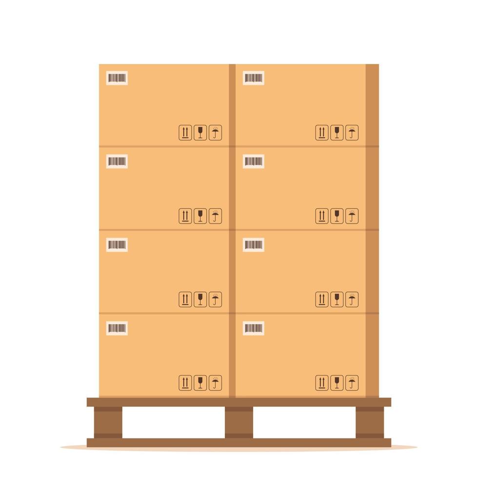 Boxes pallet. Beige cardboard closed box stack with fragile sign on wooden pallets, packaging cargo storage, industry shipment, shipping goods. Vector illustration.