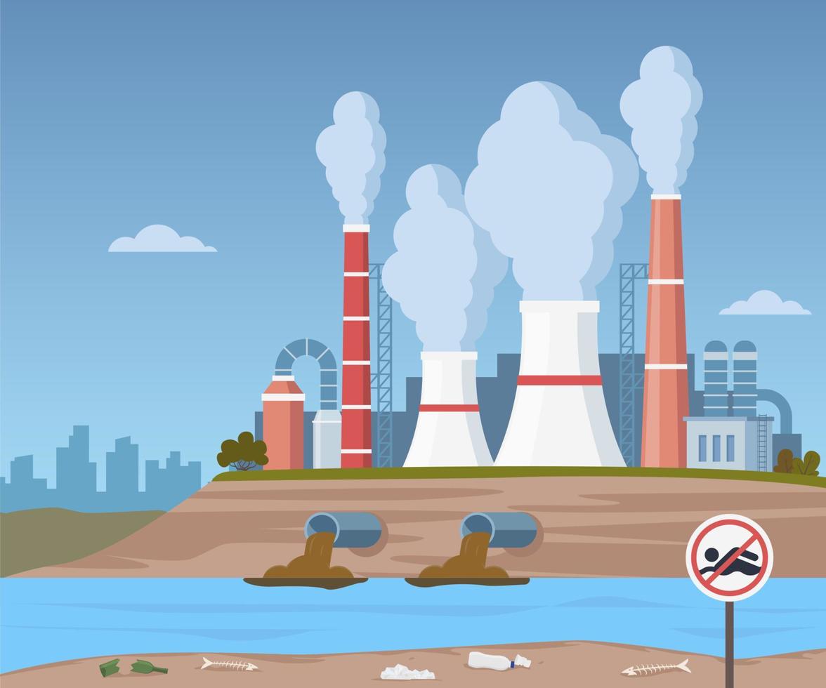 Dirty water stems from the pipe polluting the river. Discharge of liquid chemical waste. Factory in the background. The danger for the environment. Flat vector illustration for infographics.