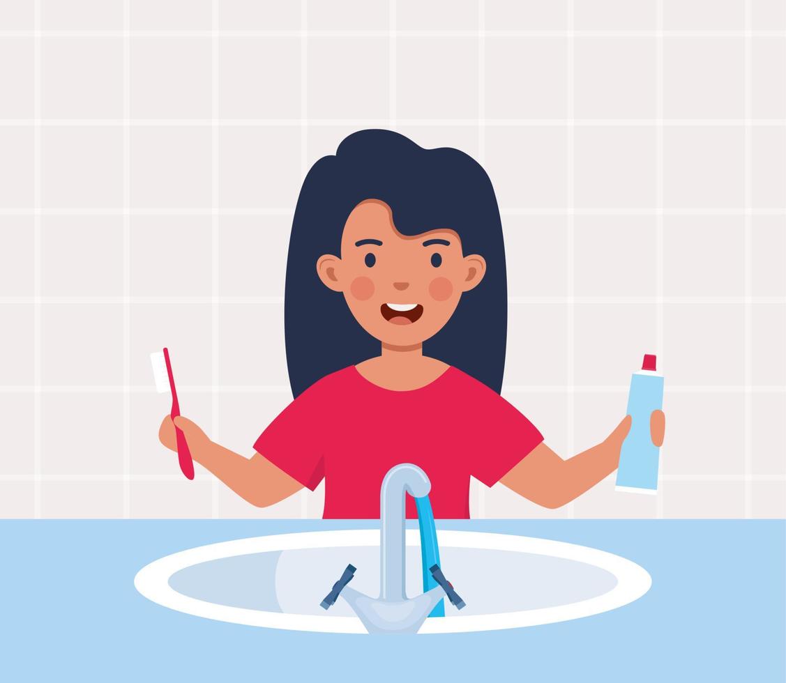 niño niña limpieza de dientes. el personaje que cuida los puestos de la cavidad oral con cepillo de dientes y pasta frente al lavabo. higiene y cuidado de la salud. ilustración vectorial vector