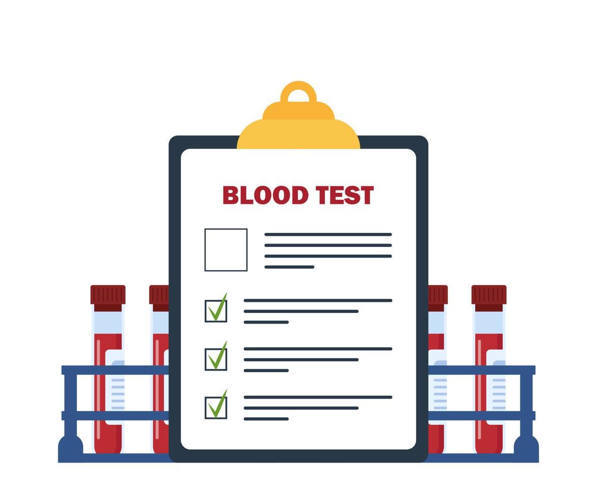 Medical blood test concept. Chemical laboratory analysis, medical office or laboratory. Patient blood in test tubes. Exam checklist blank document. Banner, flyer, landing page. Vector illustration.