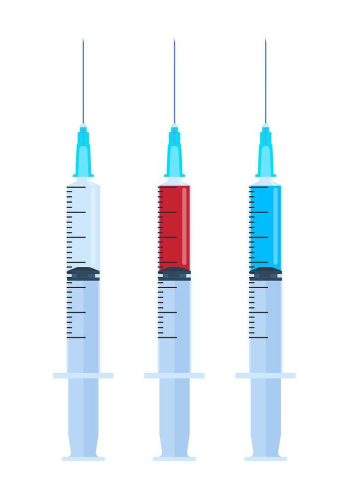 juego de jeringas para inyección. una jeringa vacía y que contiene sangre y algún tipo de sustancia medicinal o vacuna. ilustración vectorial vector