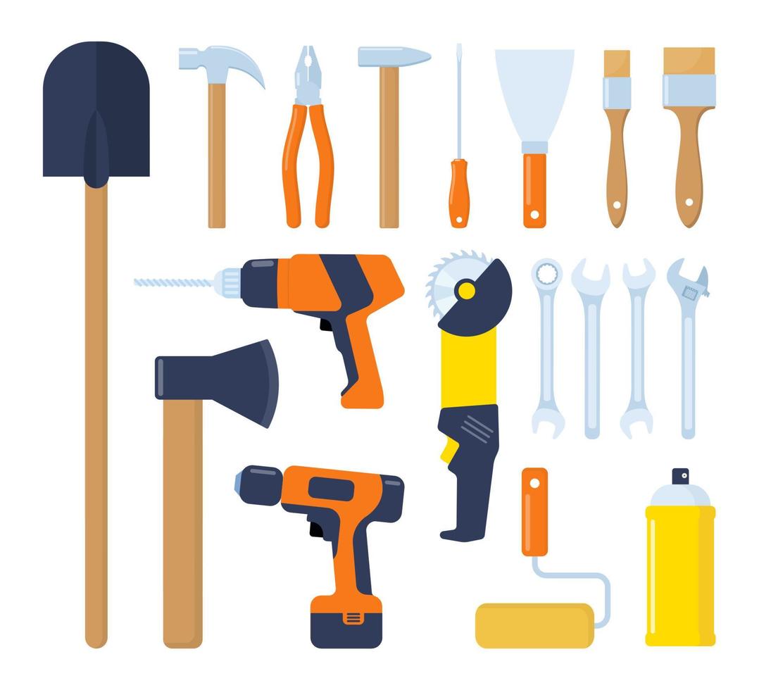 Collection of working tools. Repair and construction tools icon set. Hammer, pliers, chisel, file, screwdriver, shovel, axe, wrench, saw, drill, ruler, grinder, tool box. Vector illustration.