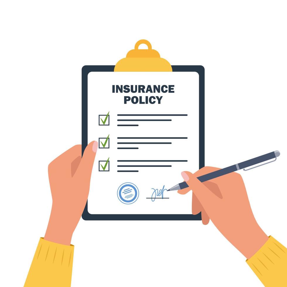 Person signs an insurance policy holding clipboard in hand. Man