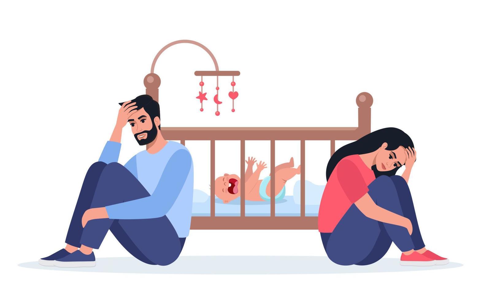 Exhausted parents at the crib with crying baby. Sad woman sitting on the floor, crying and hugging her knees. Tired father with headache. Young parents needs psychological help. Vector illustration.