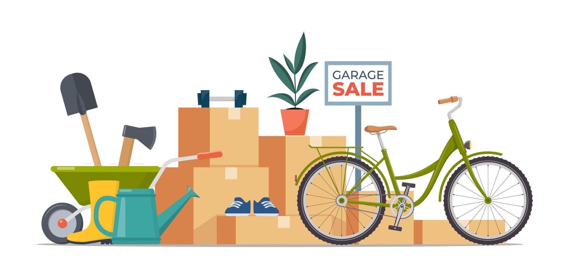 Garage sale banner with flat furniture objects arranged on the floor - house plants, guitar, books, clothes, chair and others. Flea market old stuff clutter. Vector illustration.