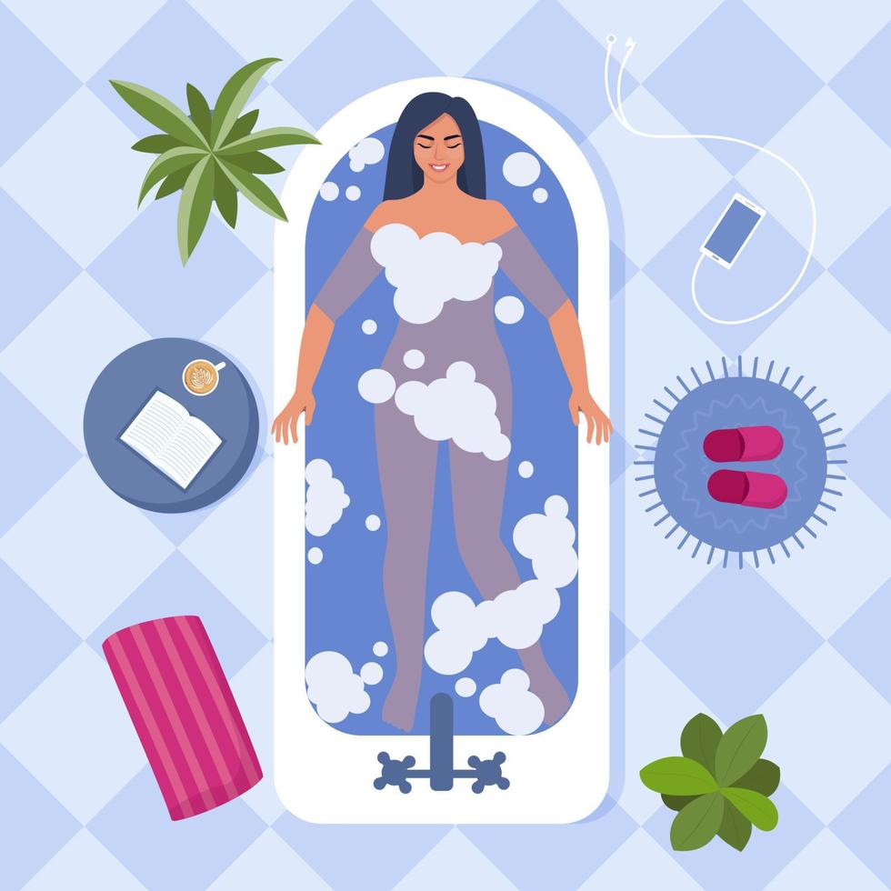 mujer bañándose, vista superior. chica relajante en el baño. una mujer relajada y contenta sonríe mientras está en el baño. ilustración vectorial de estilo plano. vector