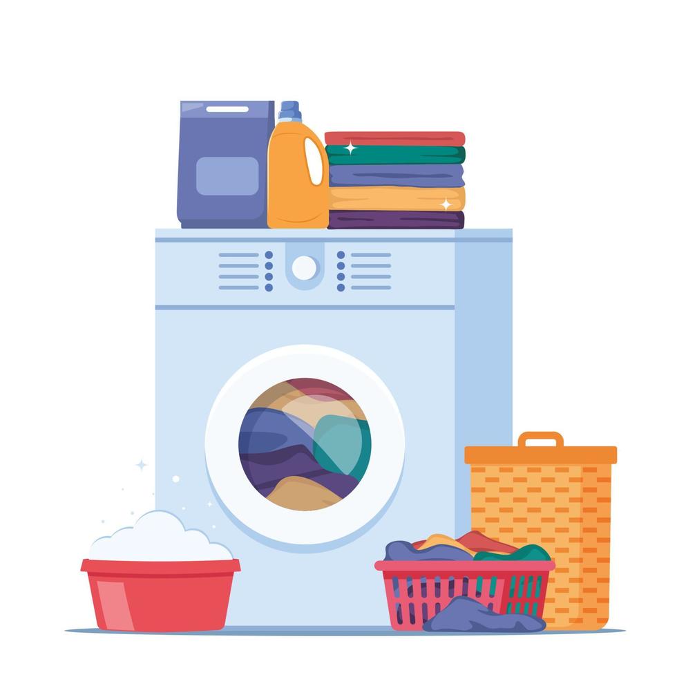 Laundry, elements of washing process. Washing clothes. Dirty linen, washing machine, pile of clean clothes, detergent. Housekeeping concept vector illustration.