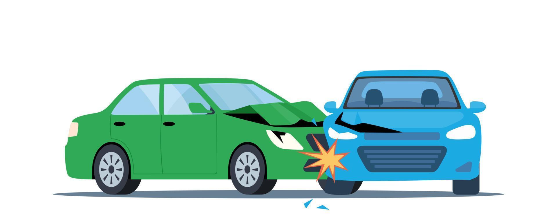 Car accident. Damaged transport on the road. Collision of two cars, side view. Road collisition. Damaged transport. Collision on road, safety of driving personal vehicles, car insurance. Vector. vector
