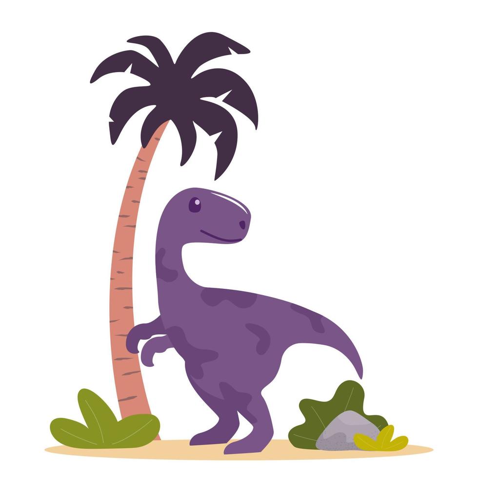 Cute dinosaur, palm and plants. Prehistoric jurrasic period wild fauna. Vector illustration in flat style.