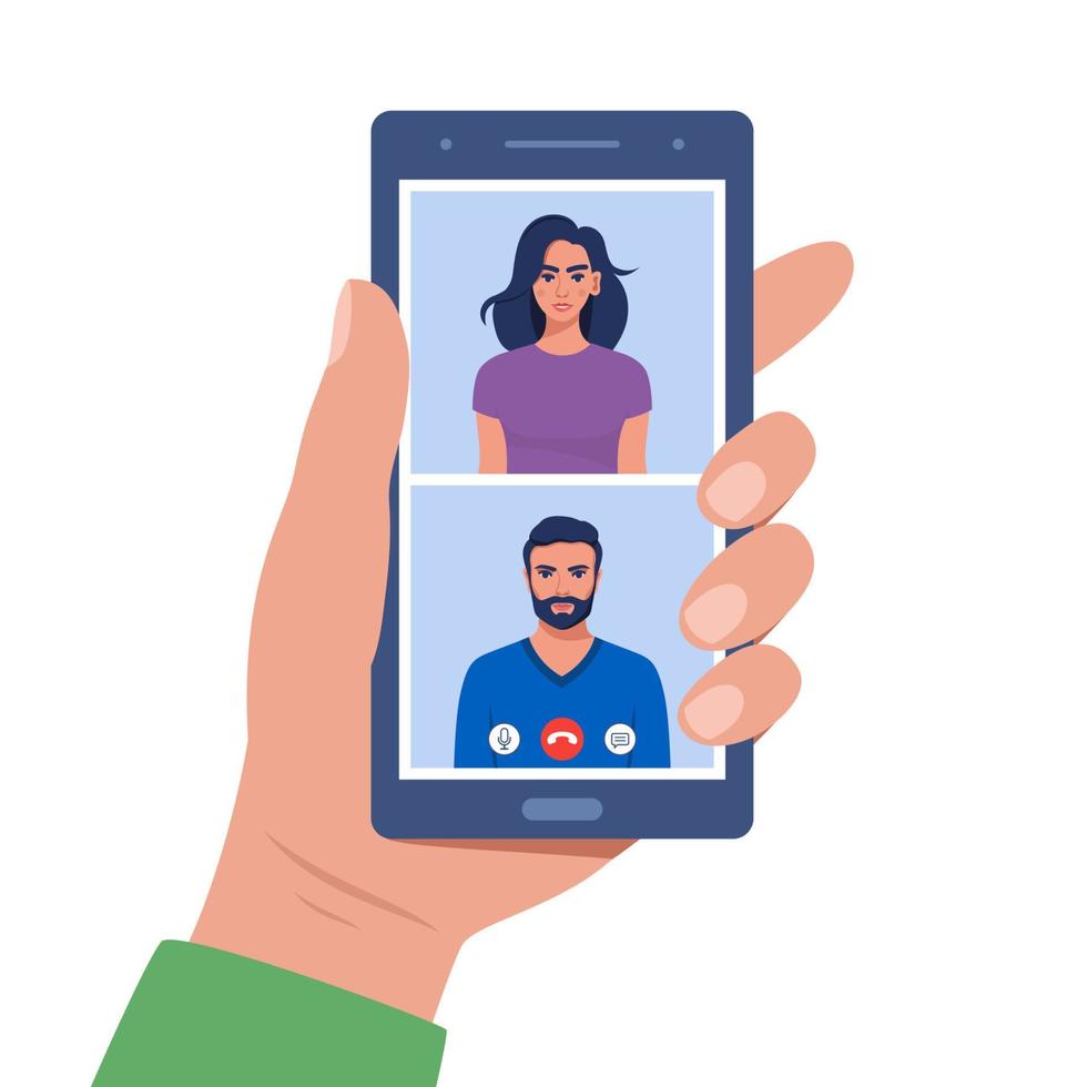 Friends videocalling on smartphone. Videocall concept. Hand holds smartphone with man and woman on screen. Video communication online. Talking through video call. Chatting online. Vector illustration.