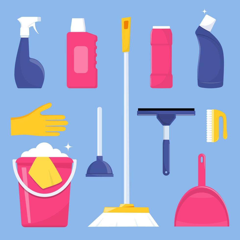 Cleaning tools and detergent for cleaning service web banner, poster design. Bucket, scoop, brush, washing powder, bottle of spray, sponge, glass scraper, rubber gloves. Vector illustration.