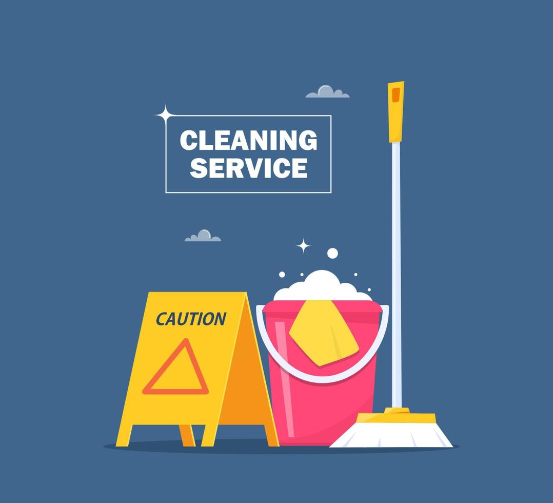 Cleaning service concept for web banner, infographic, poster. Slippery wet floor warning sign, bucket, mop, detergent. Vector illustration.