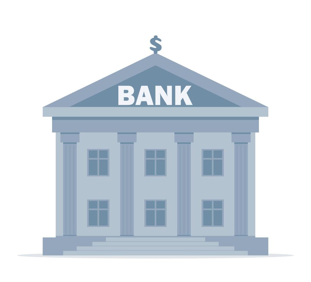 Bank building on a white background, bank financing, money exchange, financial services, ATM, giving out money. Vector flat illustration.