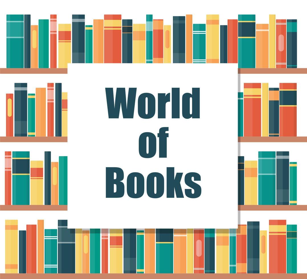 World of books concept. Book shelves with multicolored book spines. Books on a shelf. Vector illustration in flat style.