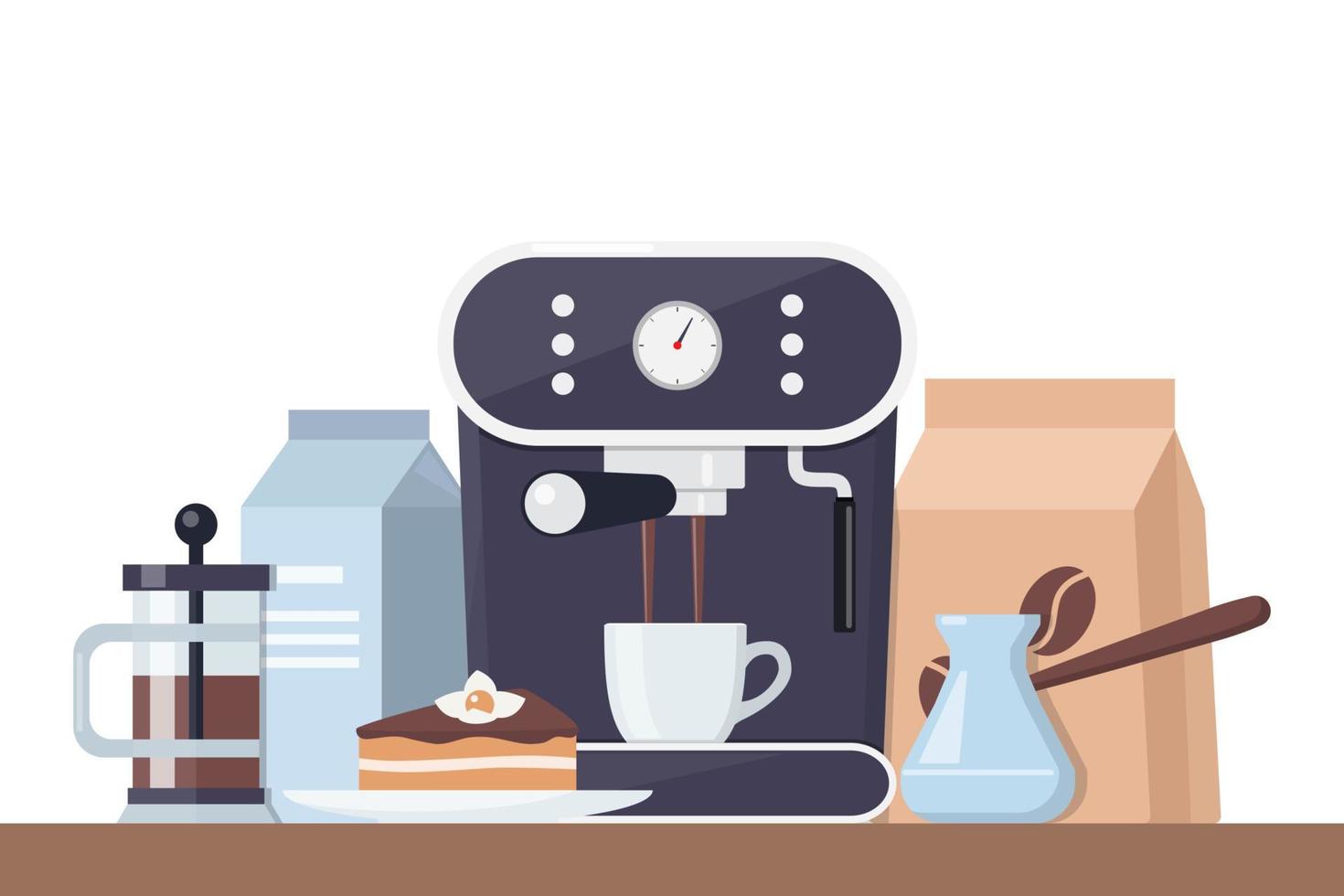 Coffee time concept illustration. Early breakfast with coffee and cake. Coffee machine, cup, cake, milk, sugar. Vector composition for banner and printed materials.