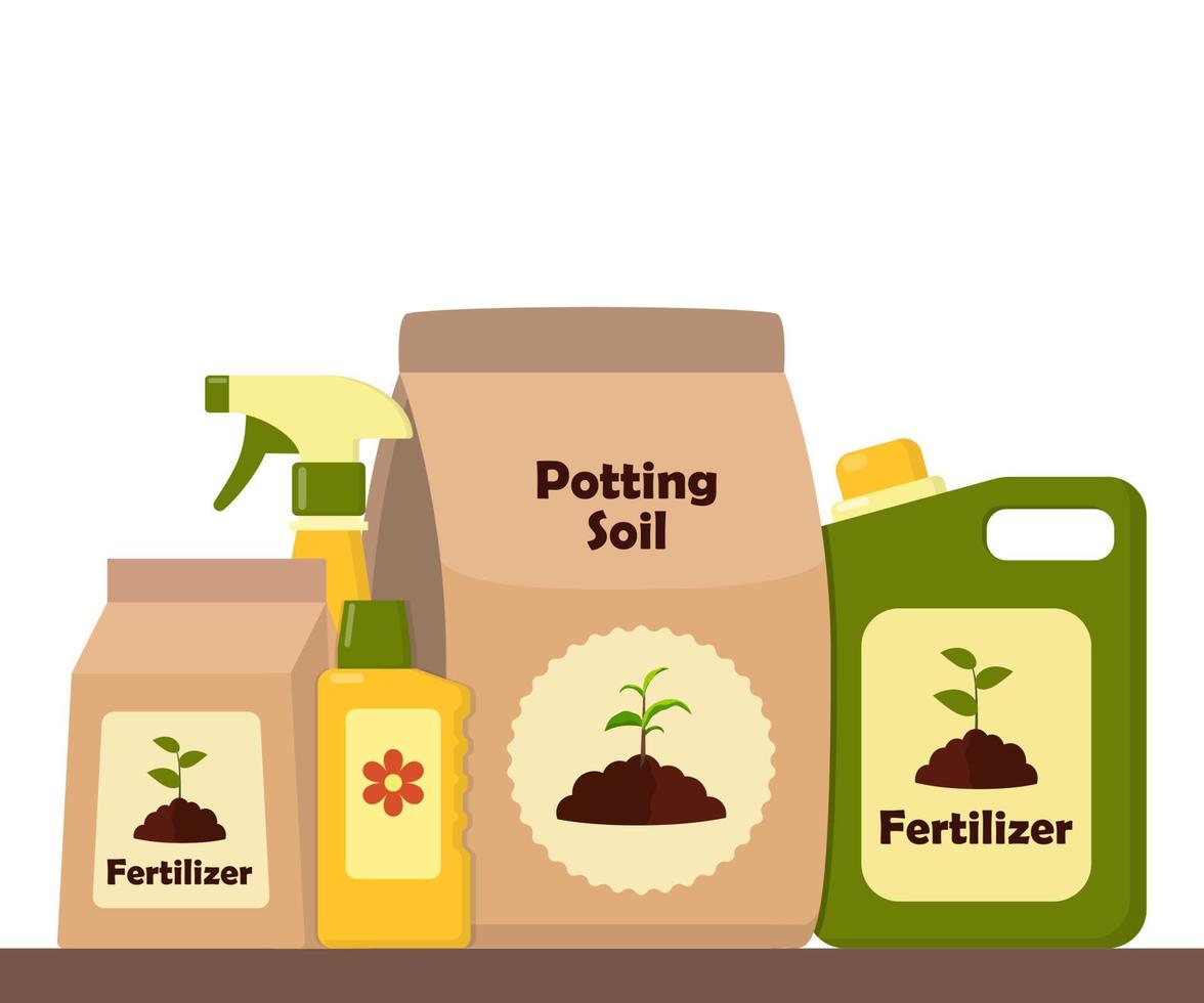 Packing with soil for potted plants. Potting soil, various fertilizers in bottles and spray gun. Vector illustration in flat style.