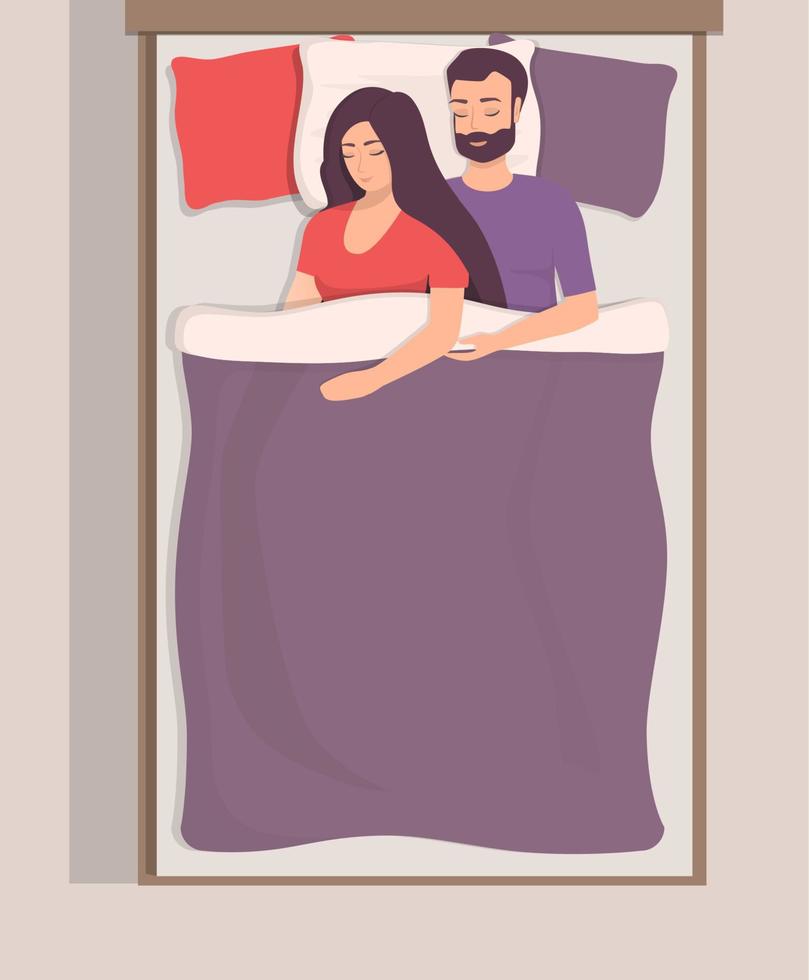 Man and woman sleeping in bed. Loving couple sleeps at night. Lovers sleep in an embrace. Flat vector illustration.