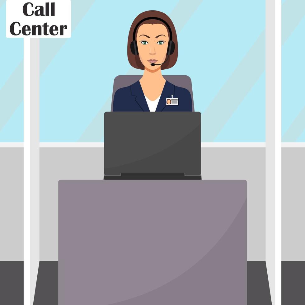 Woman in headphones with microphone sitting at her desk with laptop computer. Operator of call center office working in office cubicle. Vector flat illustration.