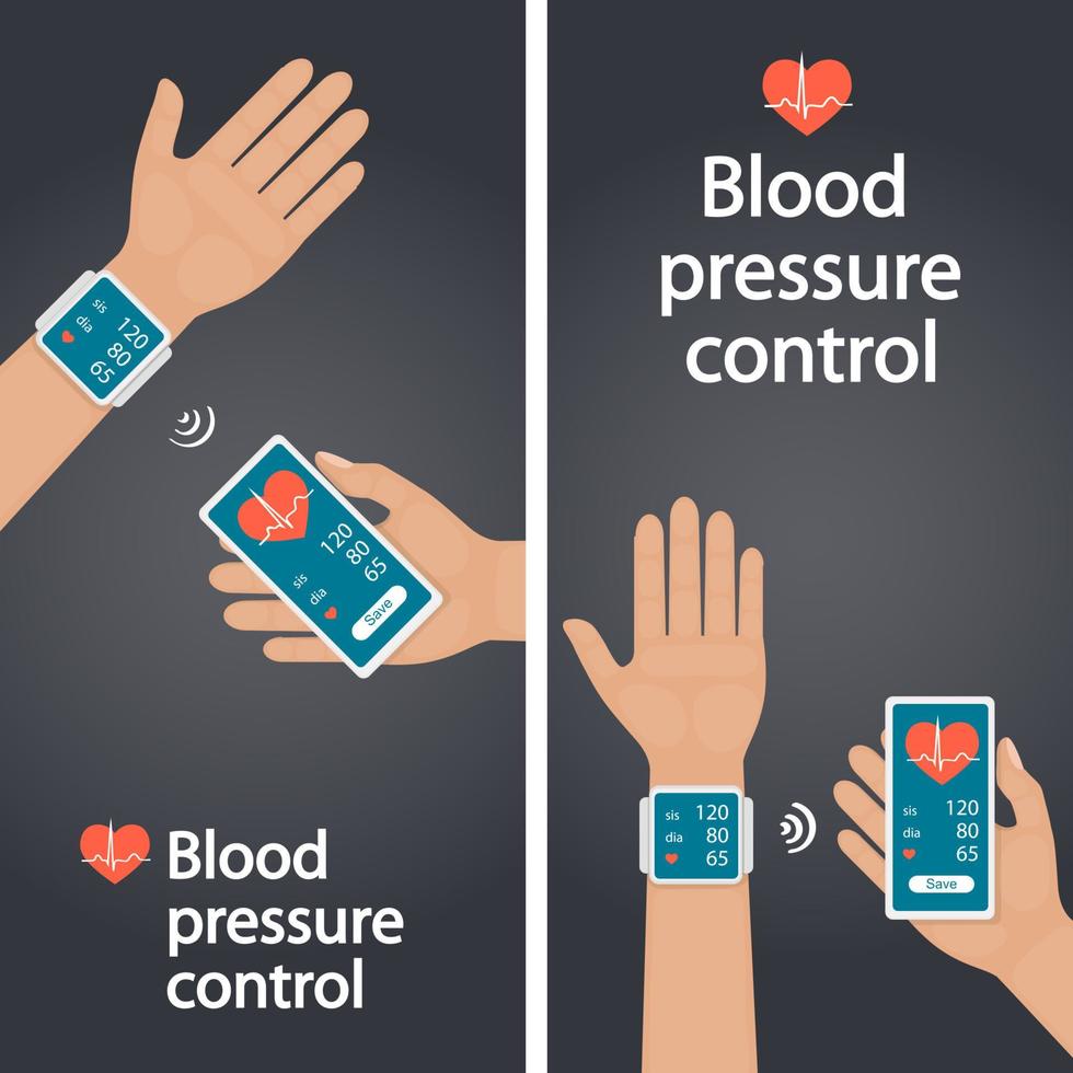 Measurement and monitoring of blood pressure with modern gadgets and mobile applications. Man checking arterial blood pressure with digital device tonometer. Healthcare. Flat vector illustration.