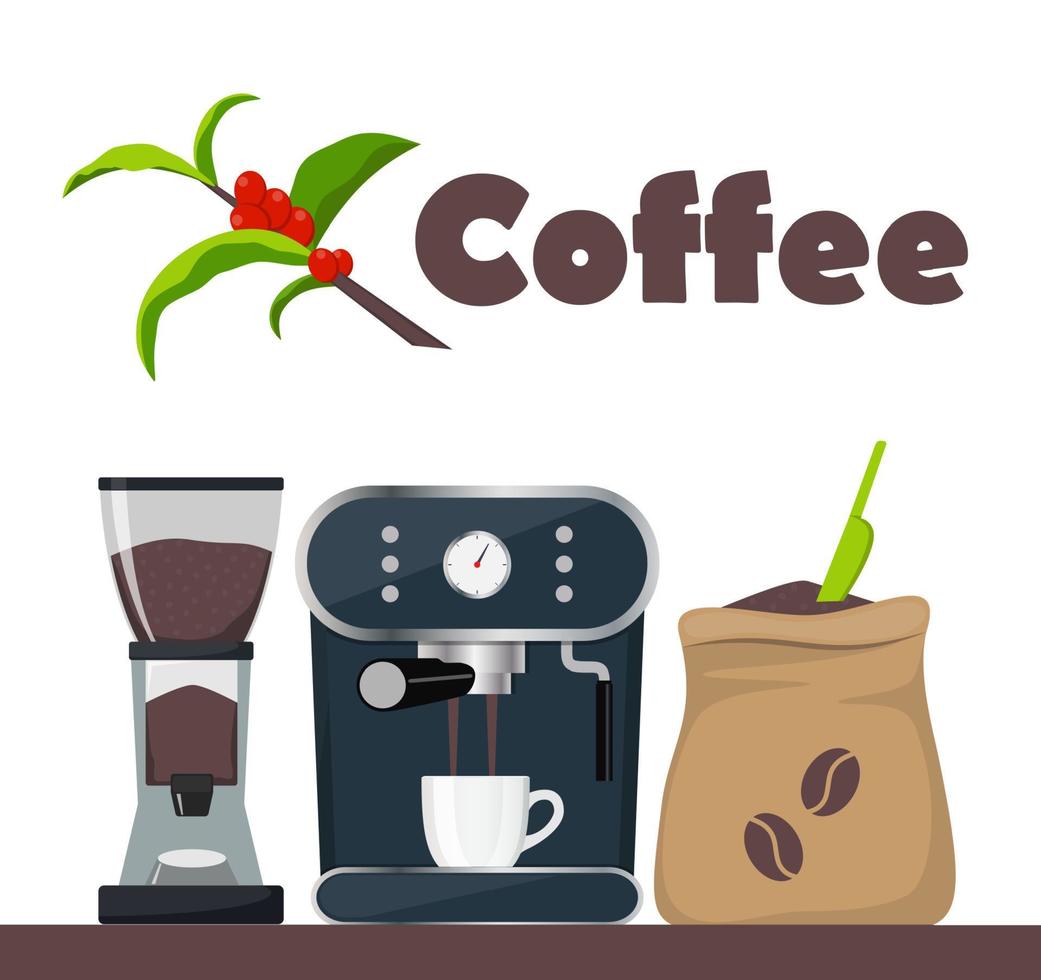 ilustración de diseño de cafetería o café con máquina de café, saco con frijoles, molinillo, taza. rama de árbol con hojas y bayas de café. plantilla de diseño publicitario, vector. vector