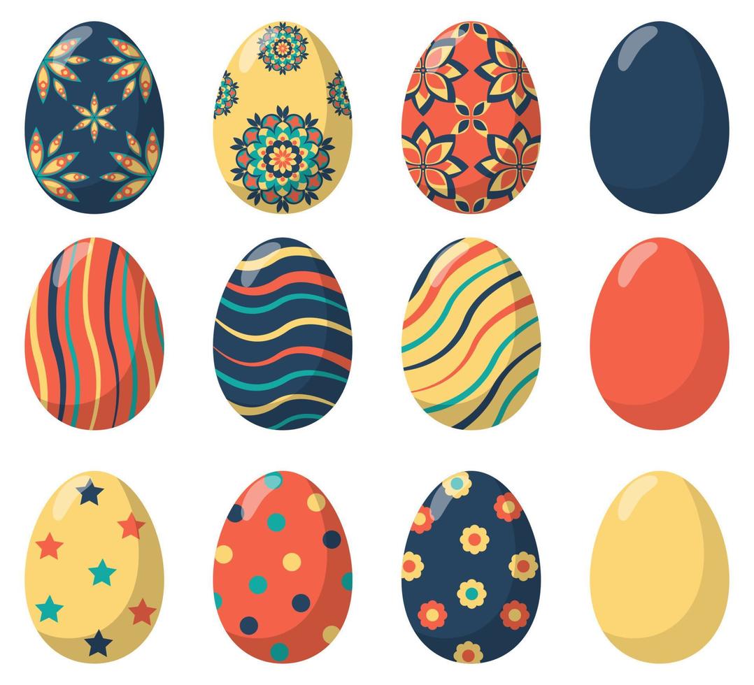 Easter eggs decorated with various simple and complex patterns, set. Vector illustration in flat style.