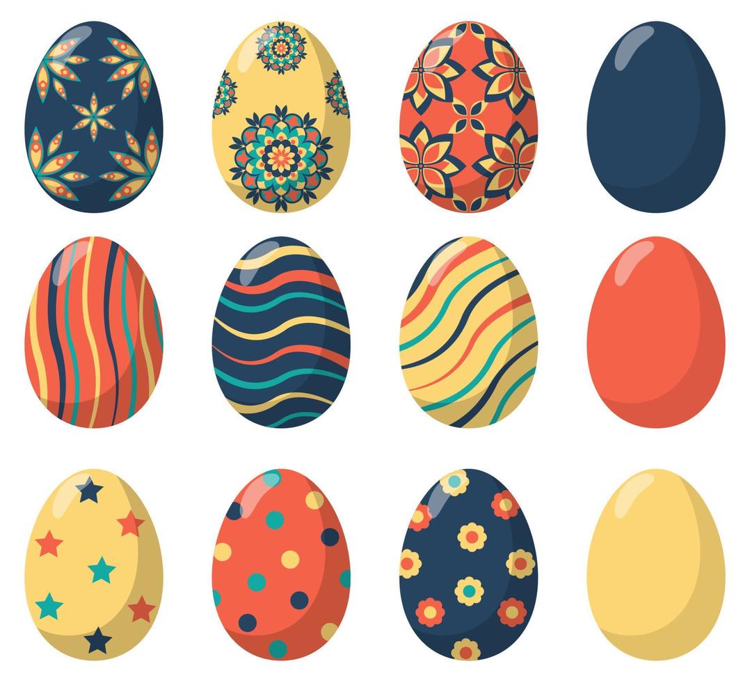 Easter eggs decorated with various simple and complex patterns, set. Vector illustration in flat style.