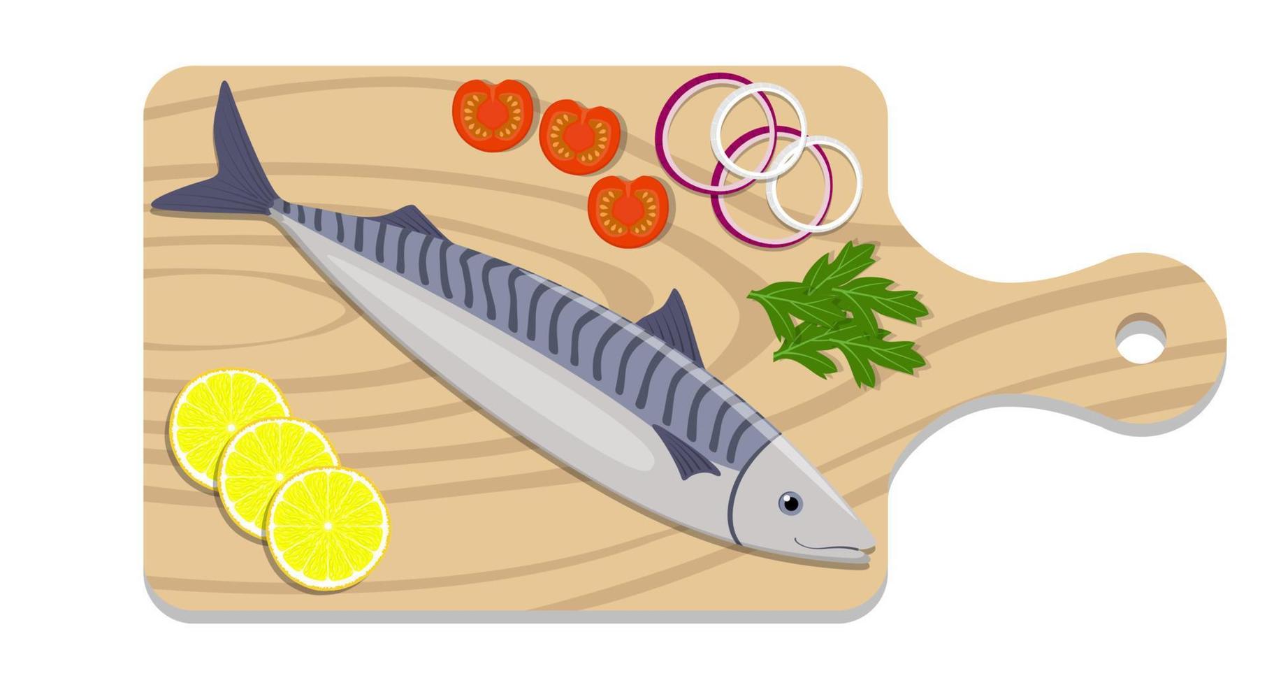 Fish on a cutting board with lemon slices, onion, tomato, parsley herb. Cooking of mackerel. Vector flat illustration.