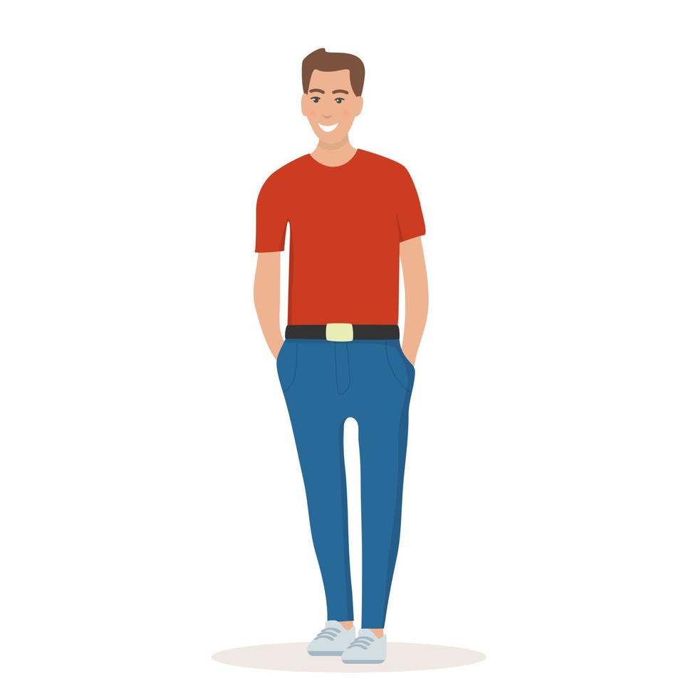 Young man in a t-shirt and trousers standing with hands in pockets, smiling. Man in relaxed pose and in good mood. Flat vector illustration.