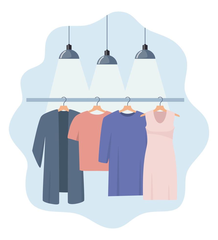 la ropa cuelga de una percha, iluminada por lámparas. boutique de moda, sala de exposición de surtido. Vestuario personal femenino, vestidor. pantalones, vestido de verano en perchas. ilustración vectorial vector