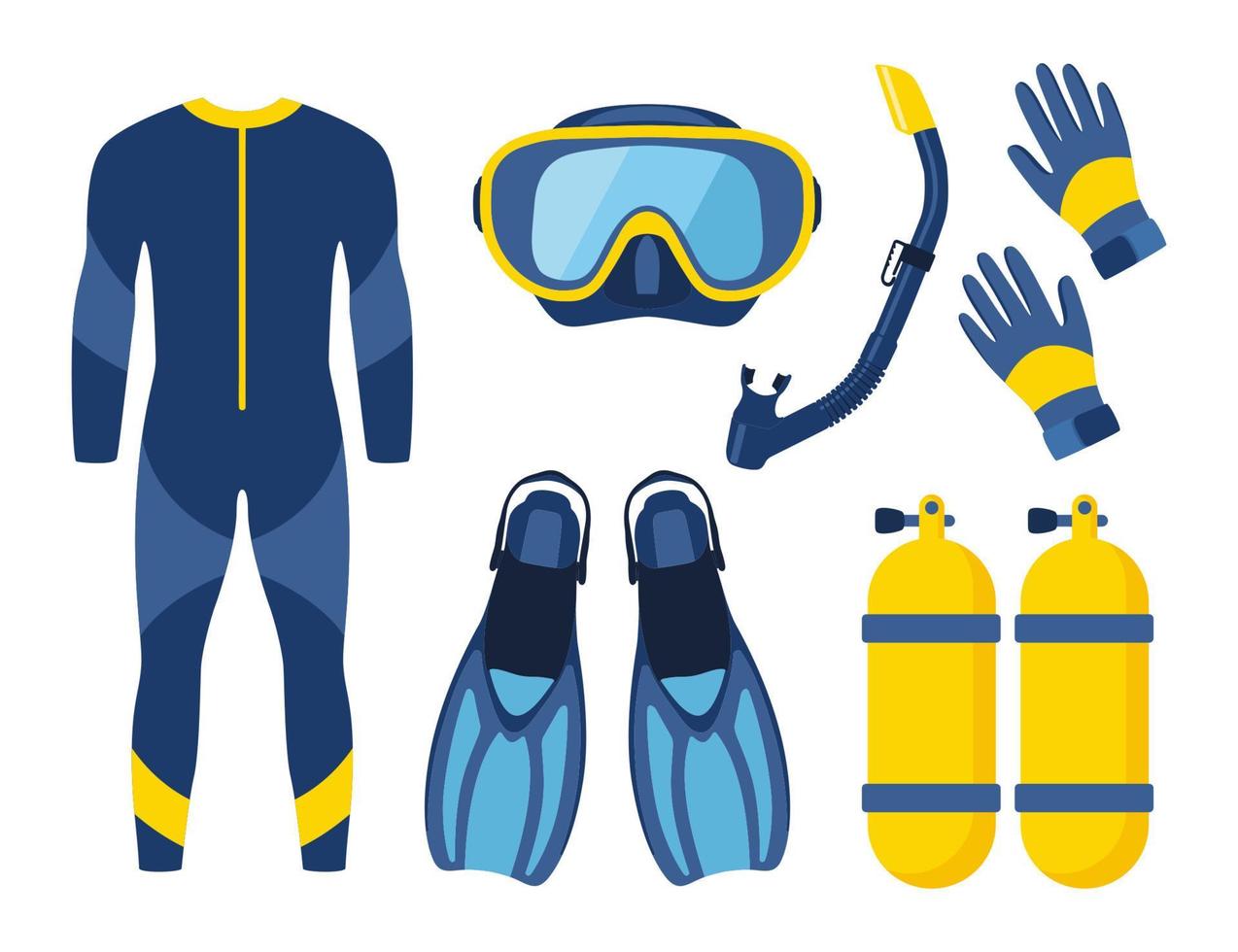 Diving equipment, set. Scuba diving, aqualung oxygen cylinders, diving costume, flippers, mask and tube. Vector illustration.