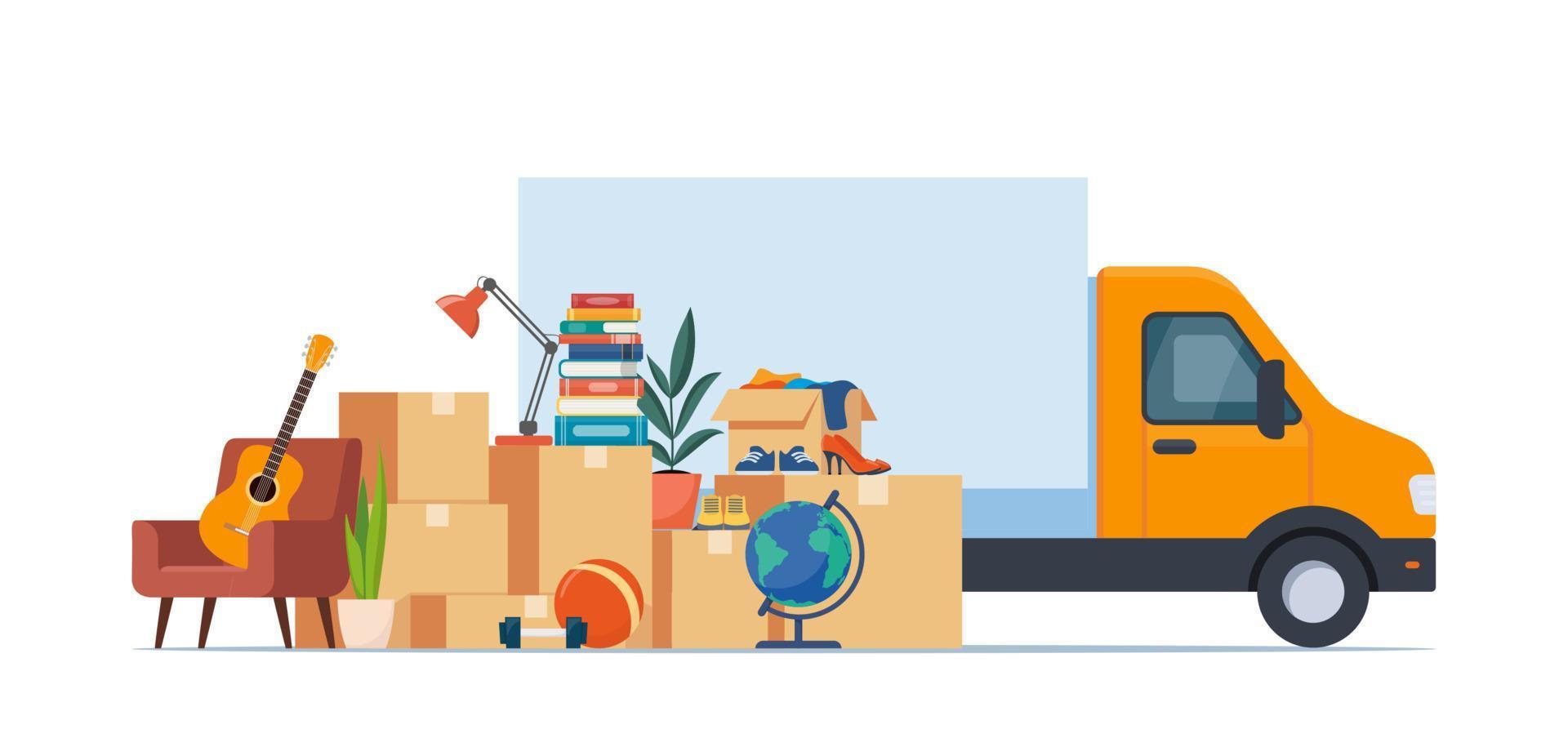 Truck and household items. Moving to new house. Relocated to new home. Boxes with goods. Package transportation. Things, clothes, furniture. Vector illustration.