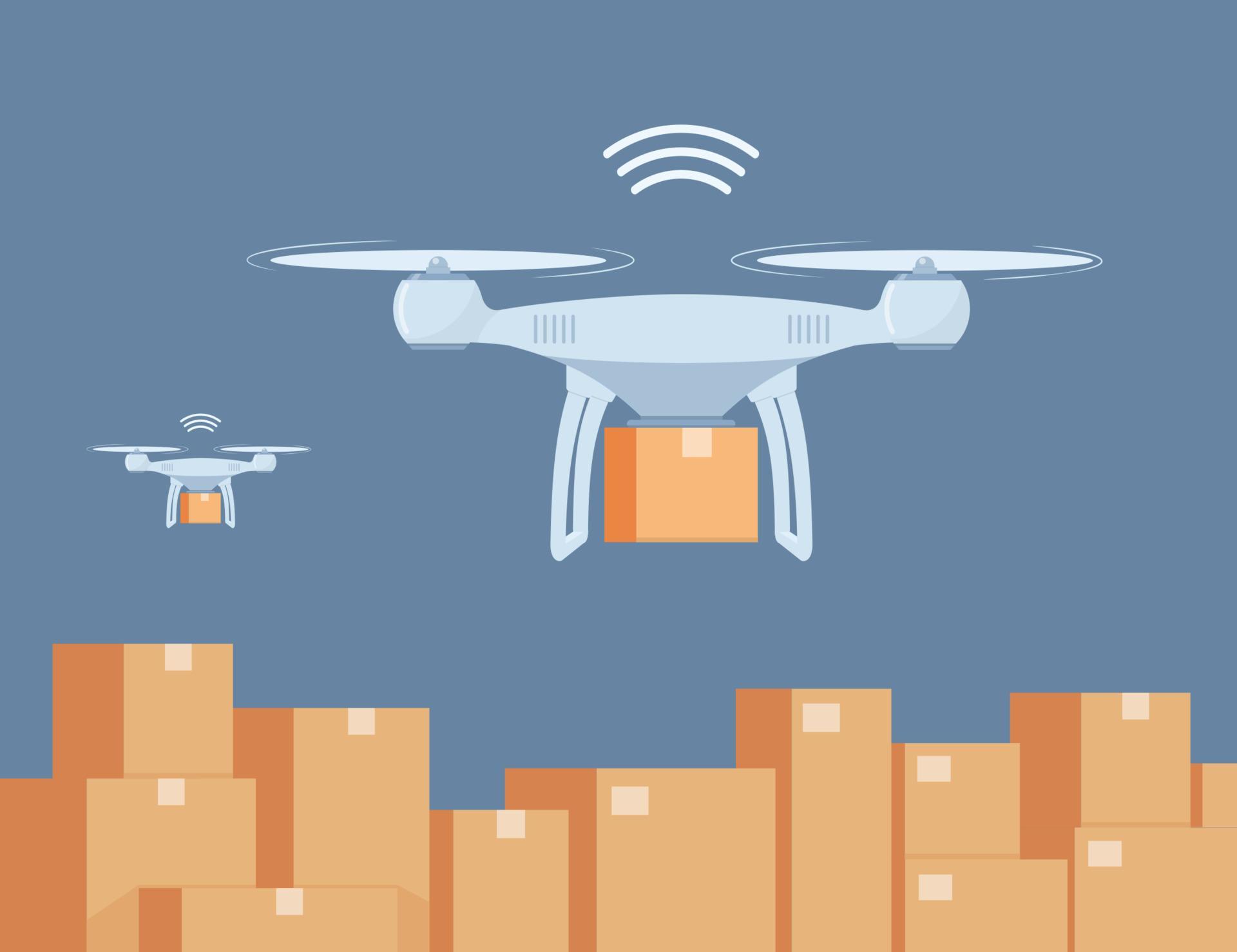 Drone working in modern warehouse. Robotics technology concept, fast