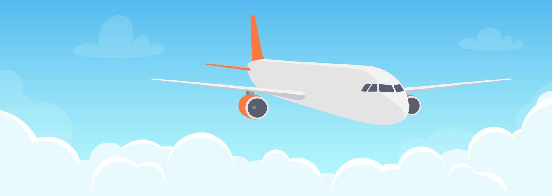 Flying plane above the clouds. Aircraft in the sky. Travel concept illustration for advertising airline, website to search for air tickets, travel agency. Traveling flyer, banner, vector illustration.