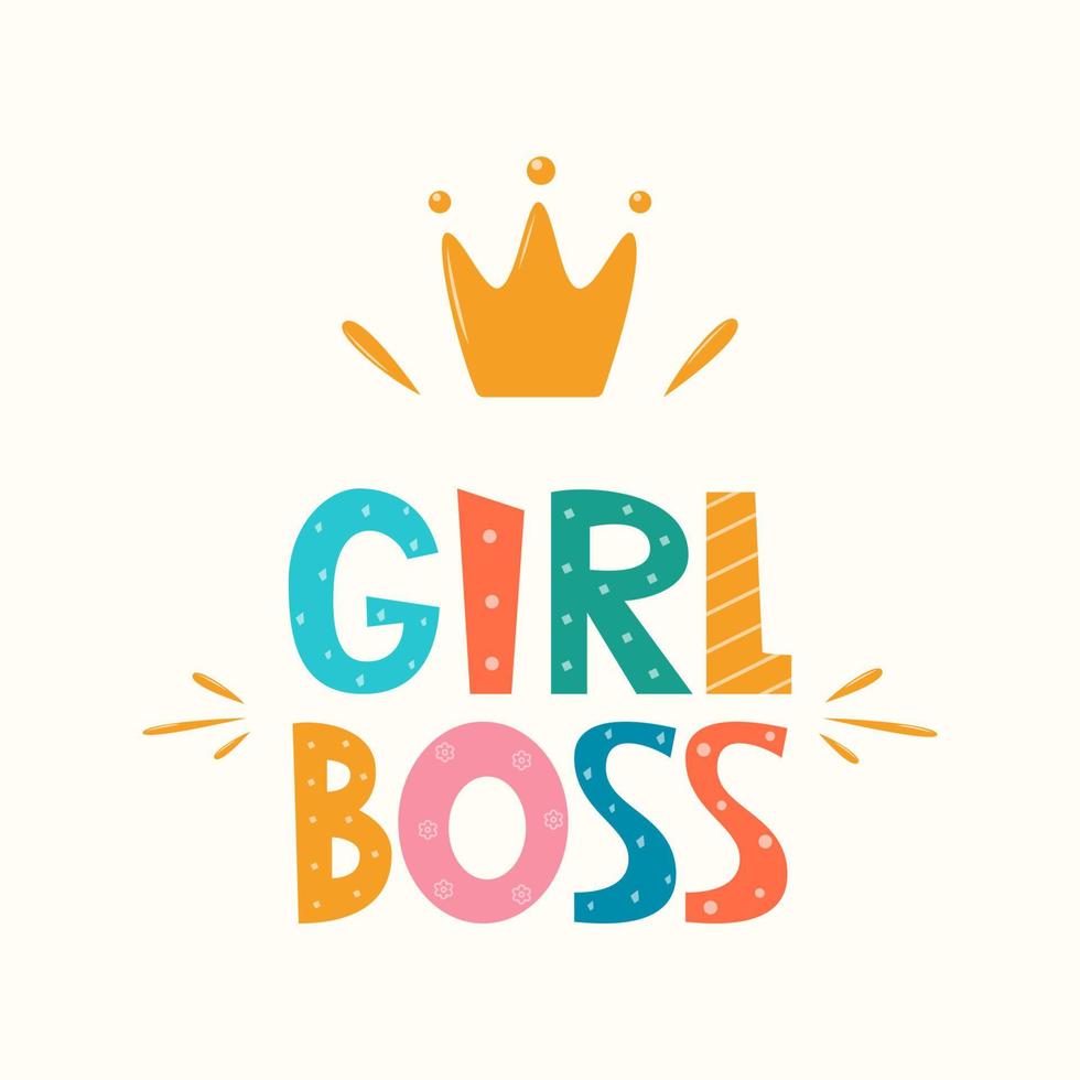 Girl Boss, lettering with crown symbol. Logo, icon, label for your design. Woman motivational slogan. Hand drawn vector lettering for bag, sticker, t-shirt, poster, card, banner.