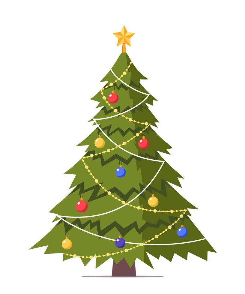 árbol de navidad decorado con estrella estrella, bolas decorativas y cadena de bombillas. ilustración vectorial de estilo plano aislada en blanco. vector